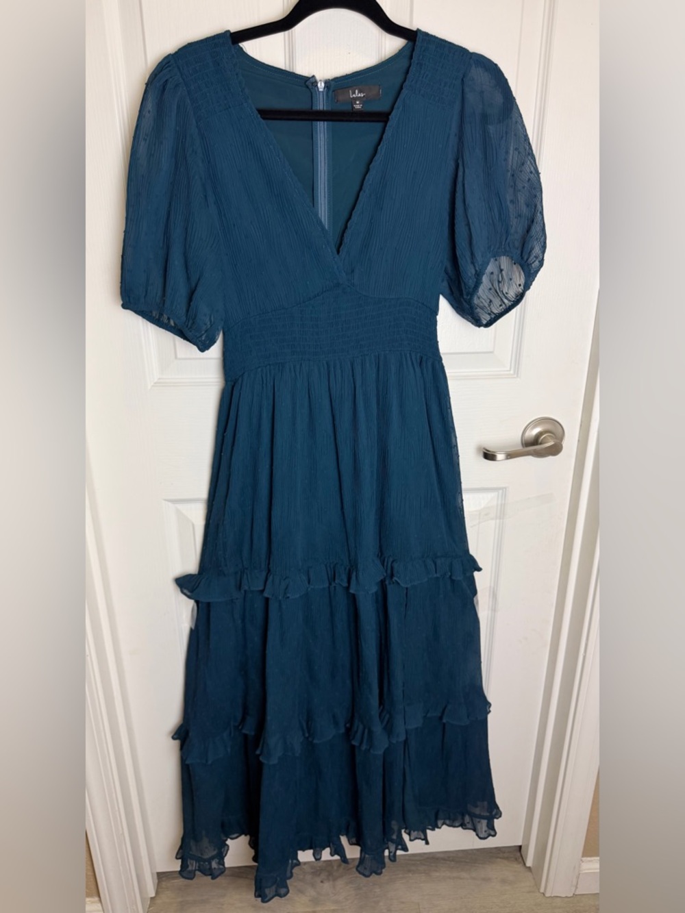 Lulu's Tier Sz M Dark Teal Puff Sleeves Tiered Midi Stretchy Waist Dress - Picture 2 of 12